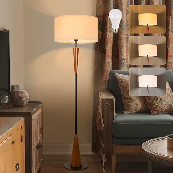 Floor Lamp for Living Room, Wood 3 Color Temperatures & Linen Shade, Modern Reading Standing Lamp with 9W LED Bulb, Mid Century Night Light for Farmhouse, Bedroom, Office