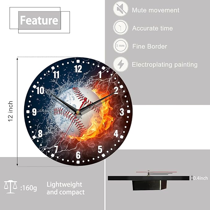 SPUNKER Wall Clocks,Baseball Wall Clocks,USA Sport Fire Water Battery Operated Wall Clock Silent Non-Ticking Decorative for Home Kitchen Bathroom Living Room Bedroom Office 10 Inch
