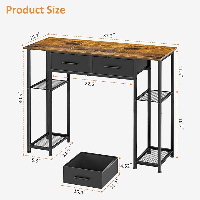 Computer Desk with Drawers, 37.3 Inch Home Office Work Desk with Storage Shelf, Kids Teens Study Table for Small Space, Small Writing PC Table for Bedroom Makeup Vanity Desk, Brown