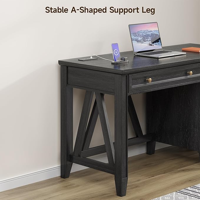 ONBRILL 54 Inch Farmhouse Executive Desk, Computer Desk with Storage Drawers & File Drawer, Modern Home Office Desk with Charging Station for Working, Studying, Writing, Brown (Black)