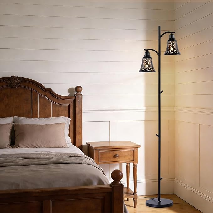 64.56" Tall Goth Farmhouse Floor Lamp,2-Light Tree Black Metal Hummingbird Lampshade Rustic Floor Lamps for Living Room,Western Standing Floor Light for Bedroom,Home,Office,Corner,Bar