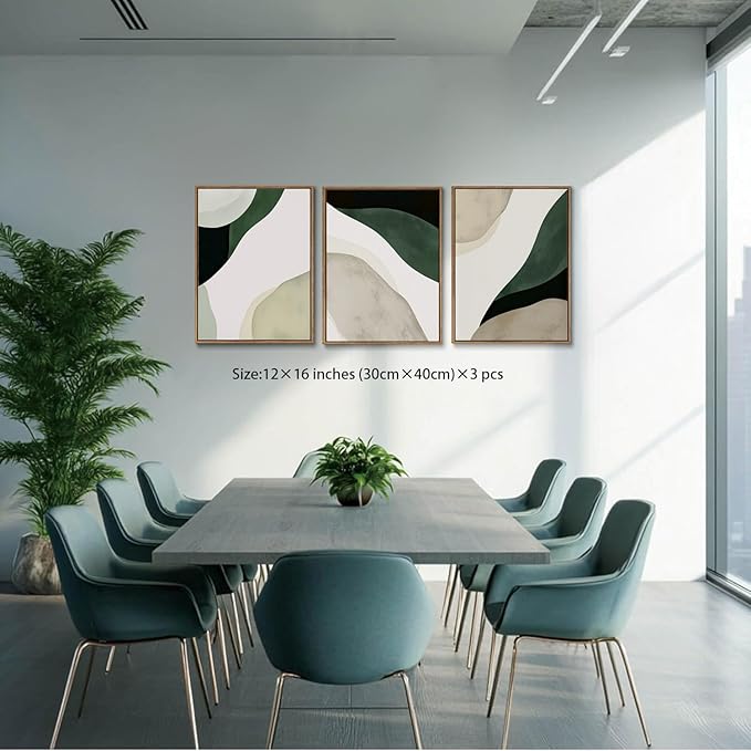 myusuar 3 Piece Large Modern Abstract Canvas Framed Wall Art For Living Room, Green Black White Minimalist Wall Art Decor Posters Prints For Bedroom Office 12x16in