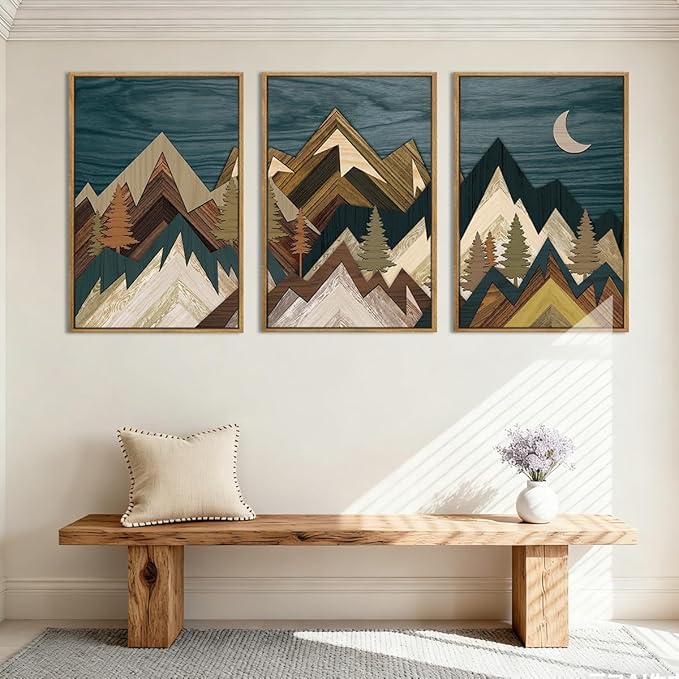 BINCUE Framed Mountain Wall Art,Neutral Landscape Canvas Wall Art,Blue Boho Mountain Artwork Woodcut,Modern Forest Moon Nature Painting for Home Bedroom Living Room Office 16x24 Inches Set of 3