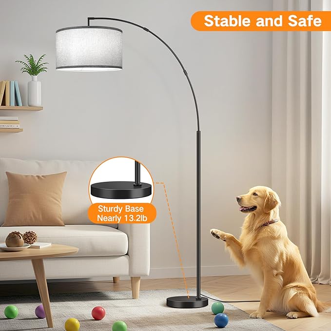OUTON 81" Arc Floor Lamp, 12W 1080LM LED Dimmable Floor Lamp with 16" Gray Lampshade, Remote Control & Foot Switch, 4 Colour Temperatures, Tall Standing Lamp for Living Room Bedroom Office, Black