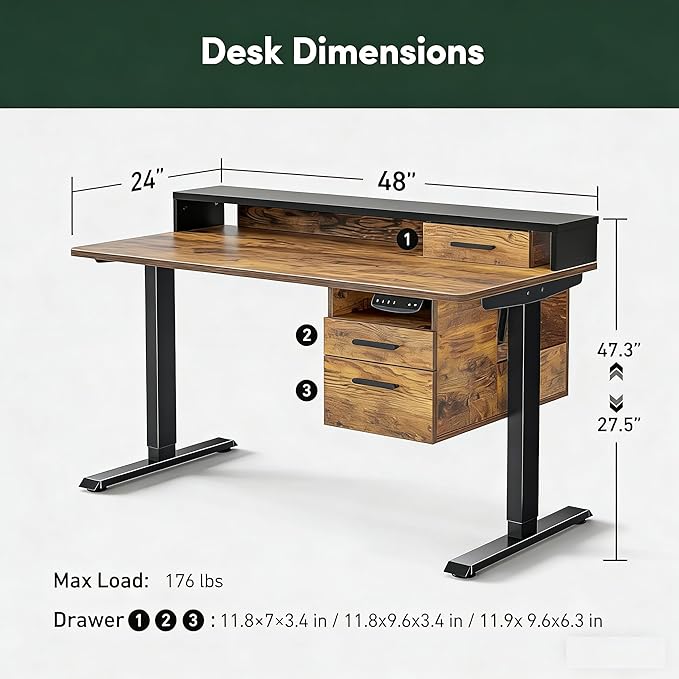 FEZIBO Standing Desk with Wood Drawers, 48" x 24" Electric Height Adjustable Table with Monitor Shelf, 3 Drawers and Open Storage, Computer Home Office Sit and Stand up Workstation, Rustic Brown