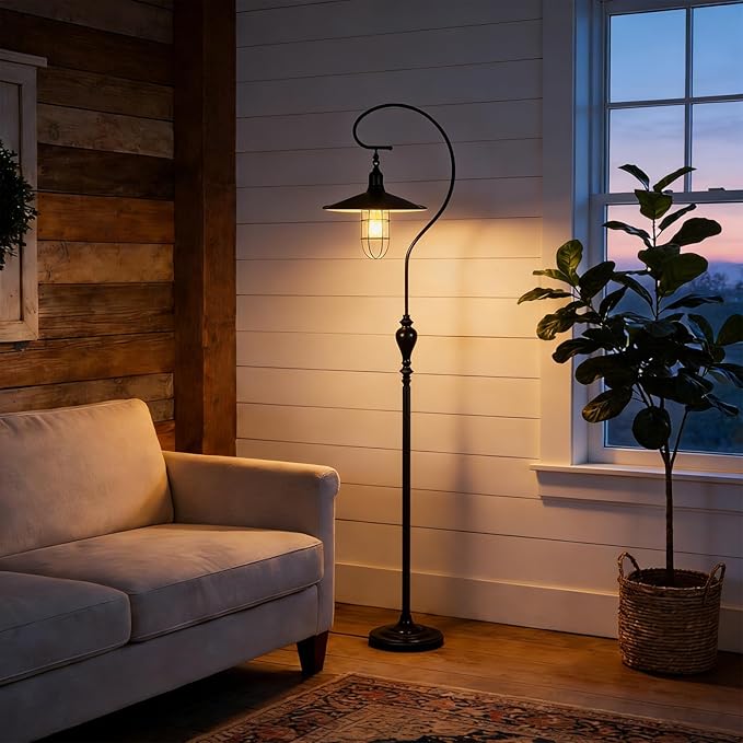Rustic Farmhouse Floor Lamp for Living Room, Retro Floor Lamp with Foot Switch, Next to Couch Arched Standing Lamp with Lampshade, Vintage Metal Corner Lamp for Bedroom Bar Cafe