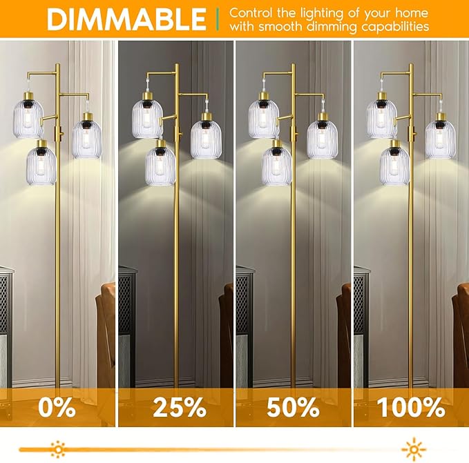 Modern Standing Lamps for Living Room, Floor Lamp with Clear Ribbed Glass Shade, Dimmable Tree Lamp Standing Lamp, Mid Century Tall Lamps with 3×600LM LED Bulbs
