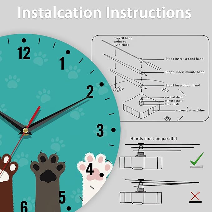SPUNKER Wall Clocks,Cute Cat Paw Wall Clocks for Living Room Decor,Animal Print Kitchen Clocks Wall Battery Operated - 10 Inch Round Bathroom Wall Clock Silent Non-Ticking