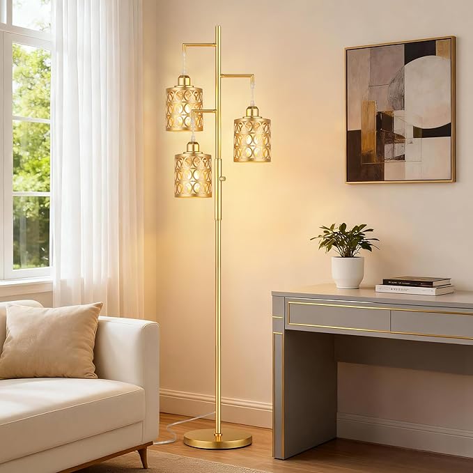 QiMH Gold Industrial Floor Lamps for Living Room, Modern Standing Lamp with Stepless Dimmable, 68" Tall Lamps for Bedroom Home Office, 3 LED Bulbs Included