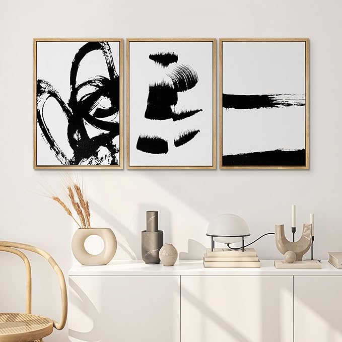 SIGNWIN Framed Wall Art Print Set Grunge Style Black & White Paint Strokes Abstract Shapes Illustrations Modern Art Bohemian Group Dramatic Grey for Living Room, Bedroom, Office - 24"x36"x3 Natural