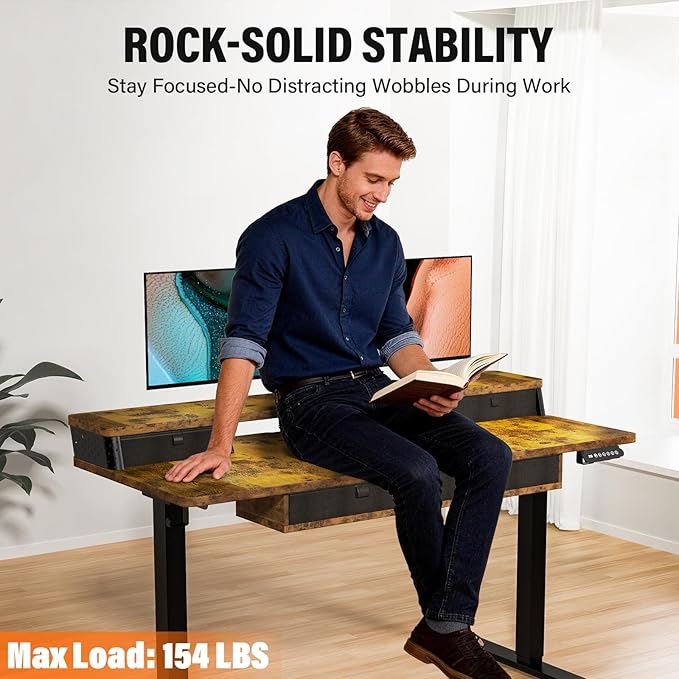 Kingant 40 x 24 Inch Small Electric Standing Desk with 4 Drawers, Height Adjustable Sit to Stand Computer Desk with Storage Shelf and C-Clamp Mount Compatibility for Home Office, Rustic Brown