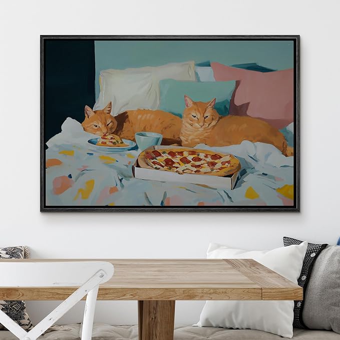 MUDECOR Framed Canvas Print Wall Art Vibrant Cat and Pizza Illustrations Minimalism Decorative Relax Colorful for Living Room, Bedroom, Office - 16"x24" BLACK