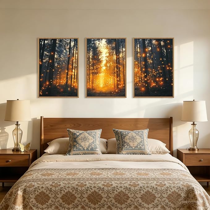 Aryroi Magical Firefly Forest Framed Canvas Wall Art Set,Enchanted Night Nature Mystical Woodland Wall Decor,Whimsical Orange Twinkling Black Tree Art Print for Living Room, Bedroom, Office- 24"x36"x3