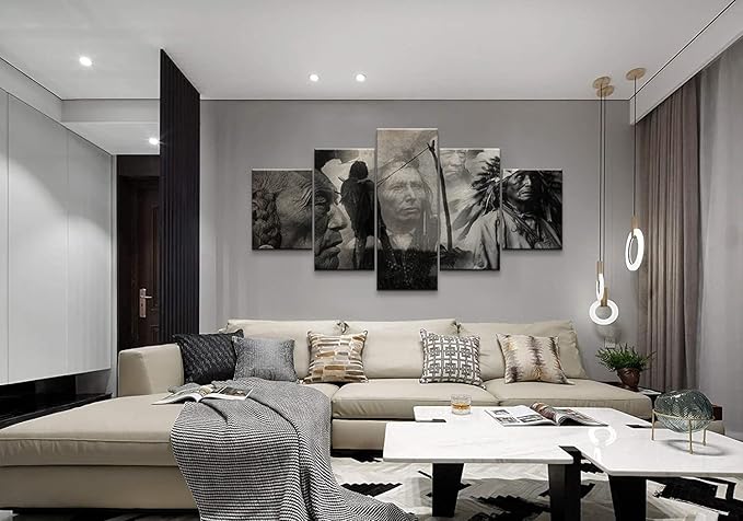 Native American Indian Chief Wall Art - 5 Piece Set for Living Room Decor (60''W x 32''H)