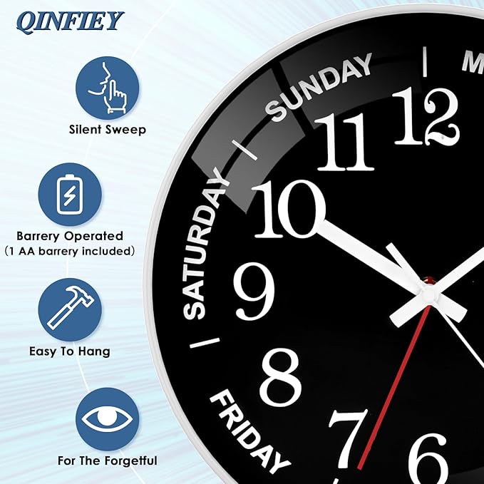 12 Inch Day of Week Wall Clock, Non Ticking Modern Clocks Battery Operated，Analog Day Clock for Seniors Eldly，Classic for Office Home Classroom Bedroom School,Unique Gift Clock