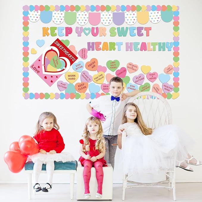 Valentine's Day Health Bulletin Board Set Health Habits Conversation Heart Classroom Decor Sweet Candy Heart Cutouts Pastel Bulletin Board Border for Holiday Party School Home Chalkboard Wall Decor