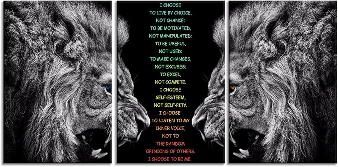 Inspirational I Choose to Live By Choice Poster Motivational 3 Pieces Lion Wall Art for Office Inspiration Canvas Painting Prints Wall Pictures for Living Room Home Decor Framed Artwork [72''Wx 36''H]