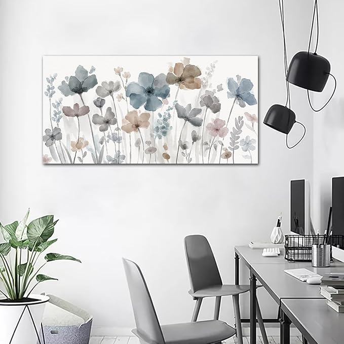 yearainn Elegant Flowers Canvas Wall Art - Floral Pictures for Wall Decor Indigo Brown Grey Canvas Painting Nature Printing Artwork for Living Room Bedroom Home Office Wall Decoration 29" x 58"