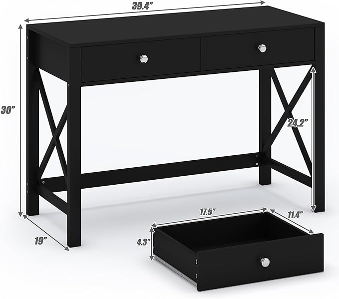 WiberWi Home Office Desk with Drawers, Black Modern Writing Computer Desk, Small Makeup Vanity Table for Bedroom, Study Table for Home Office