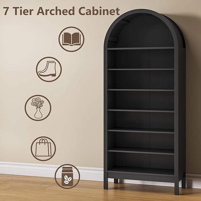 Tall Arched Bookshelf, 7-Tier Bookcase with 3 Adjustable Shelves, Modern Farmhouse Storage Shelf for Living Room, Entryway, Office, 29.5" W x 70.1" H x 13.8" D, Black