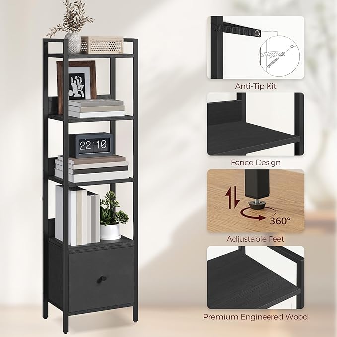 Bookshelf, 5-Tier Bookcase with Drawer, Small Book Shelf for Small Space, Storage Shelf Organizer, for Living Room, Bedroom, Study, Kitchen, Black BKHB55101