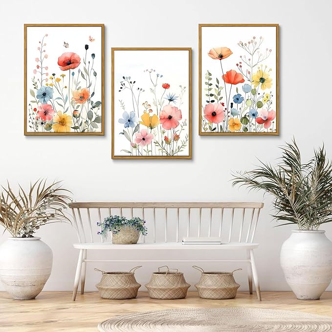 KISSFOX Colorful Wildflower Canvas Wall Art Set Of 3 Flowers Pictures Prints Flowers Printing Floral Watercolors Flower wall Decor Living Room Girls Bedroom Bathroom (White, 12"x16" Natural Framed, Framed)