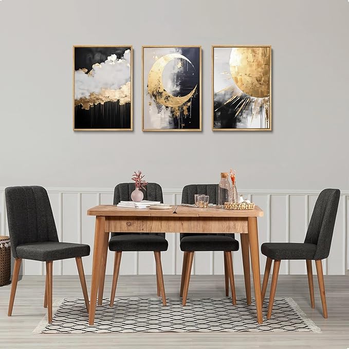 3Pcs Black and Gold Abstract Canvas Wall Art Sun Moon And Cloud Posters Prints Maximalist Pictures Wall Decor For Living Room, Bedroom,bathroom Decoration Unframed