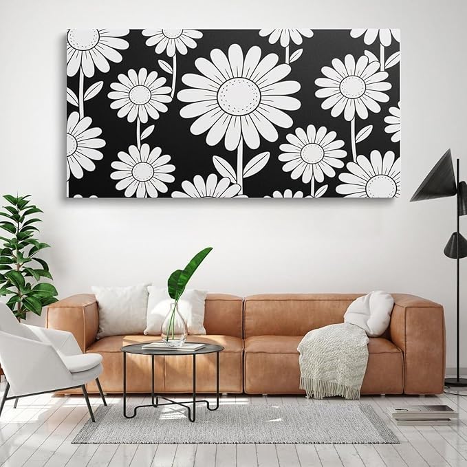 Black White Daisy Floral Framed Canvas Wall Art for Bathroom, Botanical Decor 24" L x 12" W