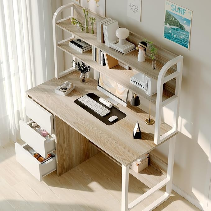 Computer Desk with Hutch, 47 Inch Small Desk with 3 Drawers for Bedroom, Study Writing Desk with Shelves for Small Spaces, Adjustable Feet, Walnut
