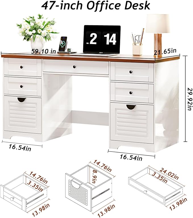 59" Home Office Desks, Executive Desk, Farmhouse Computer Desk with 7 Drawers and Charging Station, File Drawer, Rustic Computer Writing Desk,Antique Cream