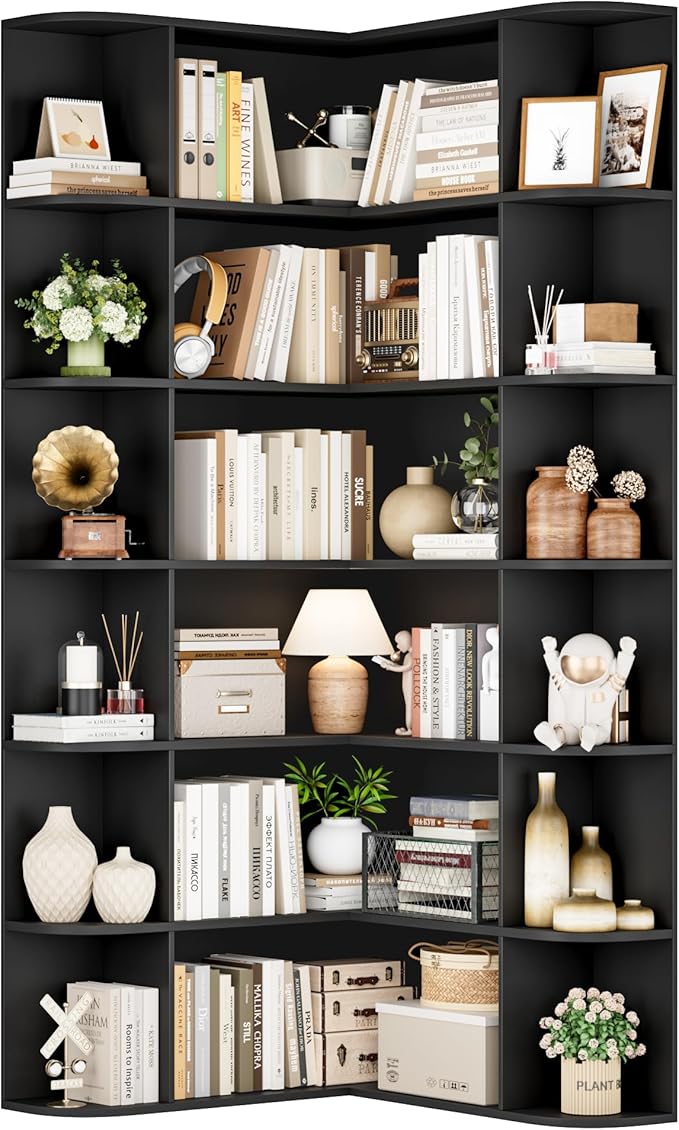 FOTOSOK 74” Tall Corner Bookshelf, 6-Tier Bookshelf and Bookcase with Open Storage, L Shaped Tall Bookcases Wooden Storage Shelves for Home Office, Thickened Boards for Better Load Bearing, Black