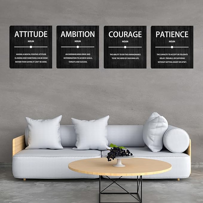 4 Panel Inspirational Canvas Wall Art, Motivational Office Wall Decor, Ambition Attitude Patience Courage Painting Posters Prints for Living Room Bedroom Home Office, 12x12-inch