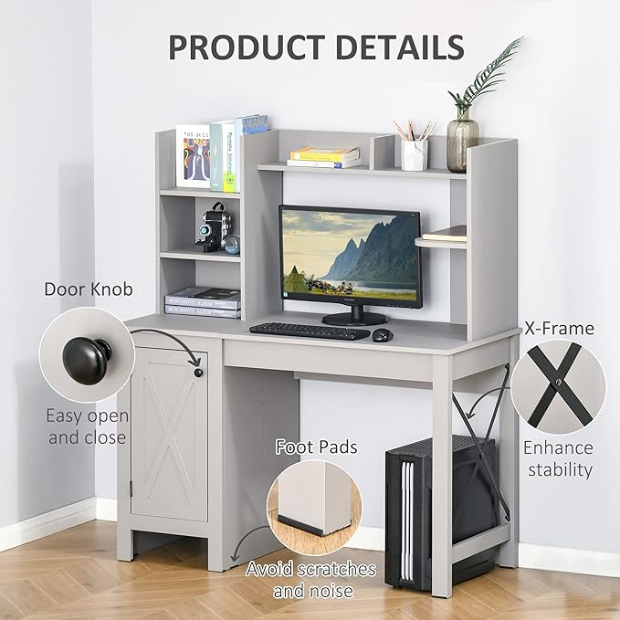 HOMCOM Farmhouse Computer Desk with Hutch and Cabinet, Home Office Desk with Storage, for Study, Light Grey