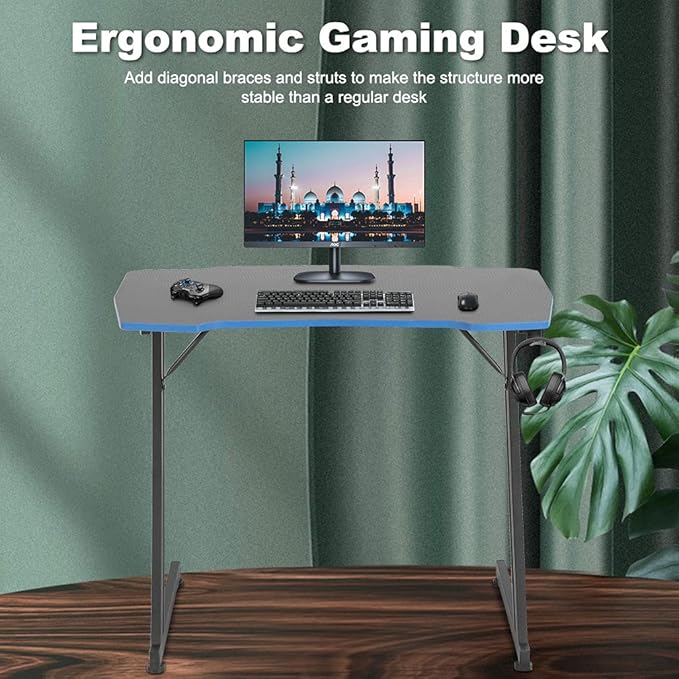 BestOffice Gmaing Desk 35.4in PC Computer Desk, Blue Ergonomic Gaming Table Z Shaped Gaming Workstation with Headphone Hook for Home Office，Blue