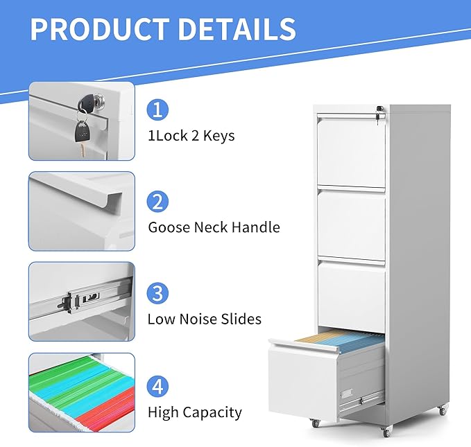 4 Drawer File Cabinet with Wheels, Metal Filing Cabinet with Lock and Wheels, Rolling Filing Storage Home Office, Vertical File Cabinets for Hanging Legal/Letter Size Files, Assembly Required, White