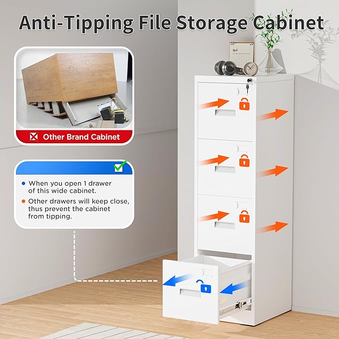 Greenvelly Metal 4 Drawer File Cabinet, Vertical File Cabinet with Lock, Locking Filing Cabinets for Home Office, Letter/Legal/A4/F4 Size/Anti-Tip (White)