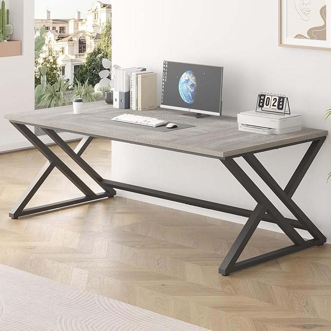 LVB Modern Long Office Desk, Large Wood Metal Computer Desk, Industrial Double Workstation Desk for Two People, Rustic PC Executive Work Study Writing Computer Table for Home, Light Grey Oak, 78.7 in