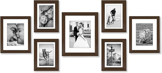 Americanflat Set of 7 Picture Frames with Shatter-Resistant Glass - Gallery Wall Frame Set with One 11x14, Two 8x10 and Four 5x7 Frames - Signature Collection - Walnut