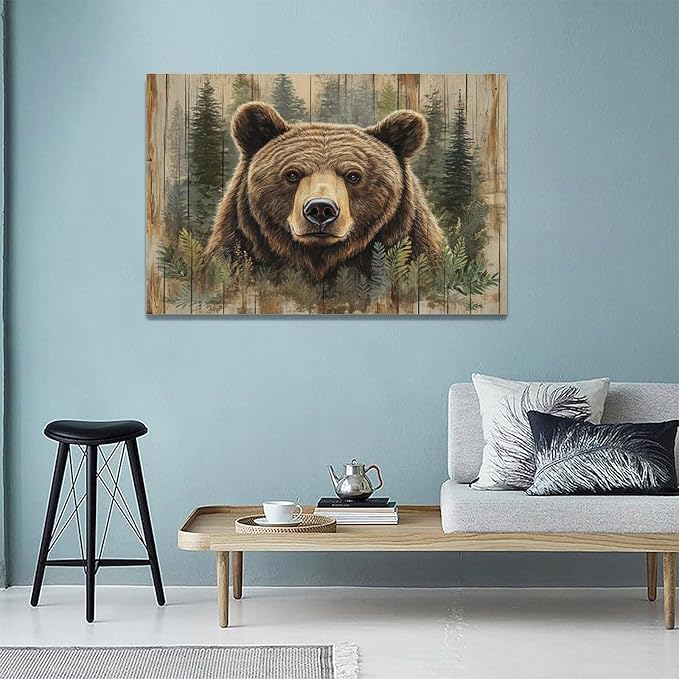 Farmhouse Bear Wall Art Rustic Forest Pictures Decor Woodland Wildlife Painting Canvas Print Modern Home Decoration Artwork for Living Room Bathroom Bedroom Office Framed 24"x16"