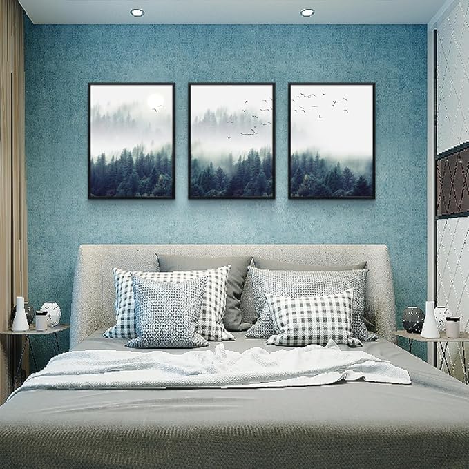 Black Framed Wall Art For Living Room Large Size Wall Decoration For Bedroom Foggy Forest Trees Landscape Painting Office Wall Decor Wall Pictures Artwork 20"X28" Home Decor 3 Piece Framed Art Prints