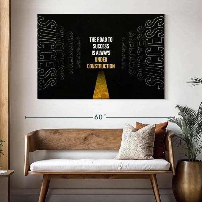 ElephantStock - Work On Your Road To Success Wall Art - Horizontal Canvas Wall Art - Home Office Wall Decor - Digital Art Inspirational And Typography Canvas Art - Black And White Decor - 51" x 34"