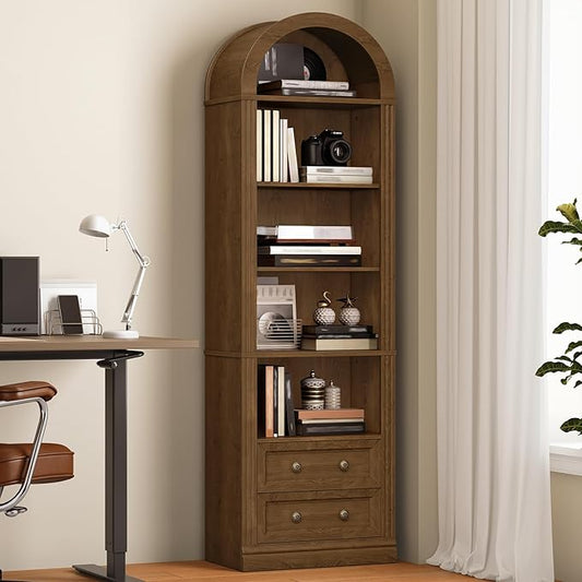 Tall Narrow Bookshelf, Arched Bookshelf with 2 Drawers, 7-Tier Farmhouse Arch Bookcase, Wooden Book Shelf with Open Display Shelves for Office, Living Room, Kitchen, Walnut