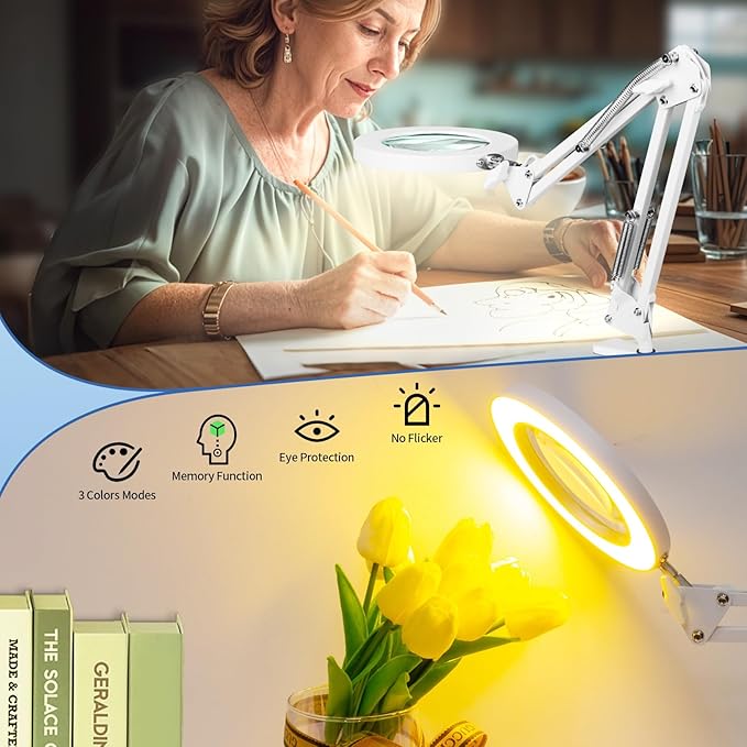 HITTI 10X Magnifying Glass with Light, 1800 Lumens Stepless Dimmable, 3 Color Modes, 4.2″ Real Glass Lens LED Lamp Clamp, Magnifier Light and Stand for Panting, Puzzle, Close Work-White