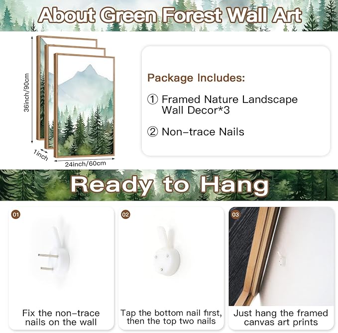 CHDITB Mountain Landscape Framed Canvas Wall Art(24"x36"), 3 Panels Boho Nature Forest Artwork Prints, Large Abstract Modern Green Pine Trees Art Decor for Bedroom Living Room Office