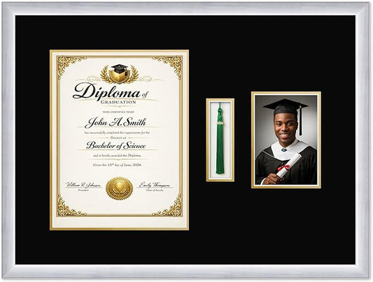 CountryArtHouse Diploma Tassel and Photo Shadowbox Fits 10 x 13 College Diploma (Portrait Traditional) Stainless Silver Genuine Hardwood with Black Over Metallic Gold Double mat