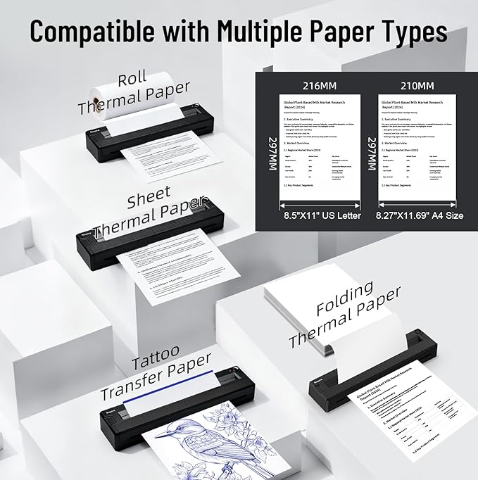 Bagana Portable Printers Wireless for Travel, Bluetooth Thermal Small Printer Supports 8.5" x 11" US Letter & A4 Size, Inkless Mobile Compact Printer for Phone&Laptop for Home Office School