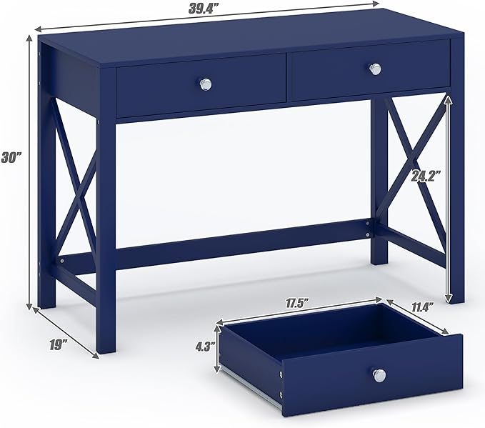 WiberWi Home Office Desk with Drawers, Modern Writing Computer Desk for Bedroom, Small Navy Makeup Vanity Table Study Table