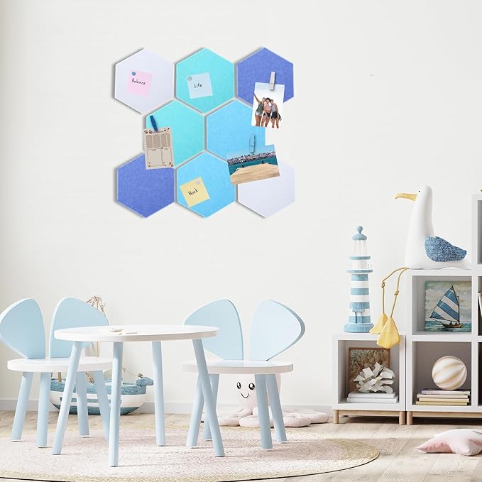 8 Pcs 12" Large Hexagon Felt Cork Bulletin Board Tiles Self Adhesive DIY Pin Board with 50 Push Pins and 10 Colored Clips, Wall Decor for Office Home Kitchen Photos Memos(Blue)