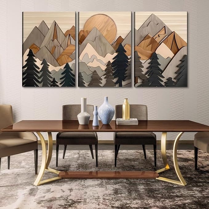 Set of 3 Mountain canvas Wall Art Large Forest Wall Decor pictures Woodcut Wooden Landscape poster Prints Abstract Landscape Nature Painting for Living Room Bedroom Office (16x24in canvas)