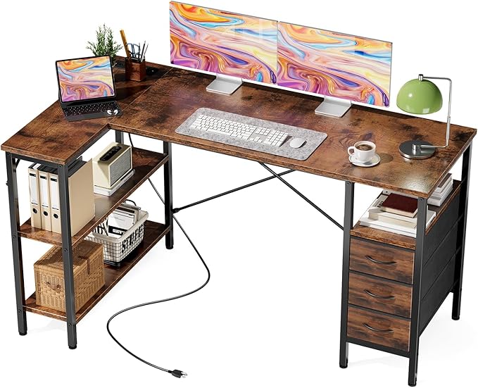 Simple Deluxe L Shaped Gaming Desk with Power Outlets, 55 Inch Computer Desk with 3 Drawers, Shelves, Corner Computer Desk for Gaming, Corner Work, Home Office, Study, Rustic Brown